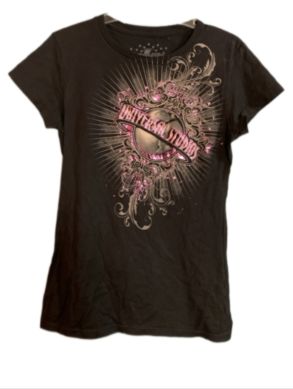 Universal Studios Tee Shirt Juniors Slim Fit Y2K Grunge Black Short Sleeve